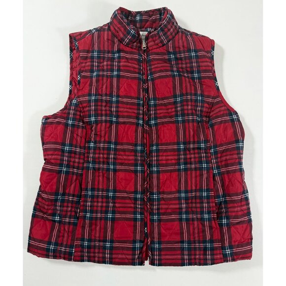 Red Tartan Plaid Quilted Puffer Vest | Classic Preppy Holiday Layer Large - Picture 1 of 9